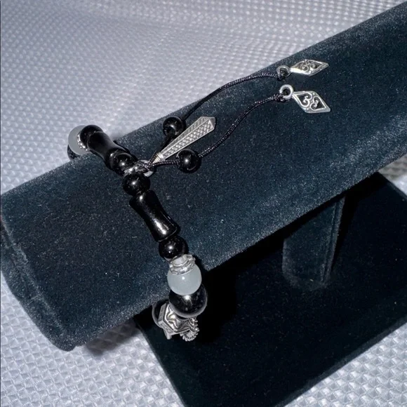 BOHO Bracelet Asian Coin Glass Bead Silver Detail Chain Stretch 6”- 6.5” New - Picture 11 of 16